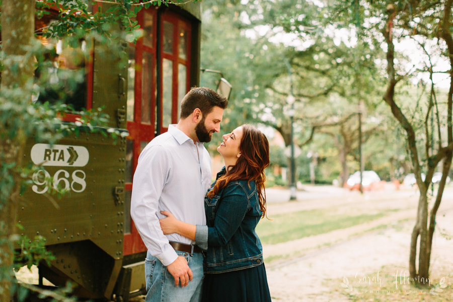 The St. Charles Streetcar is iconic for New Orleans engagement photos. | Photo by Sarah Alleman Photography