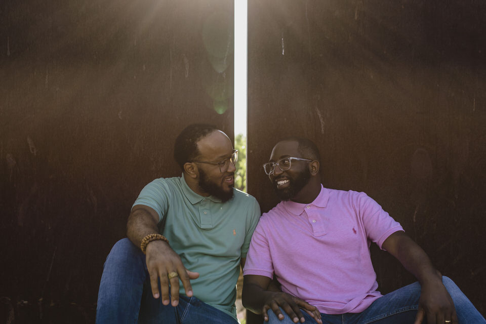 A couple poses in Crescent Park for engagement photos. | Photo by Swanson Photography