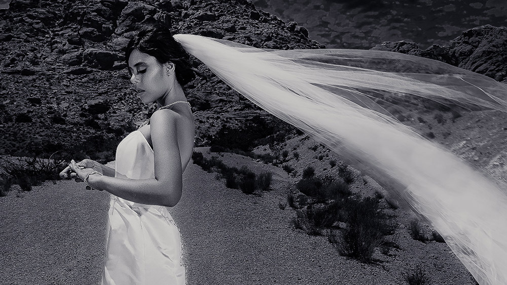 Black and white photo of a bride by Amin Russell Photography