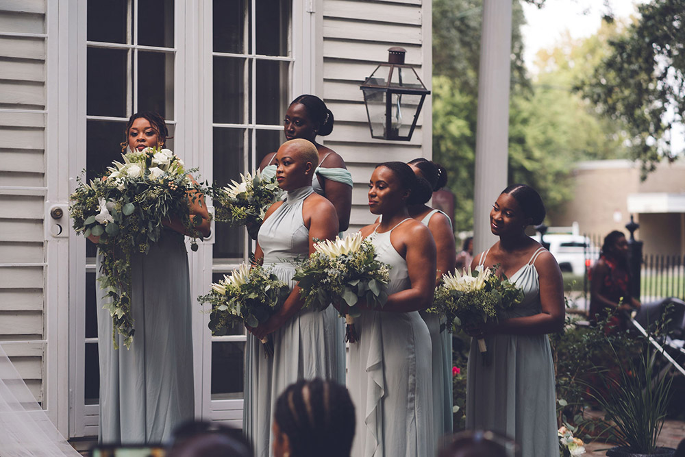 bridesmaids with tropical bouquets