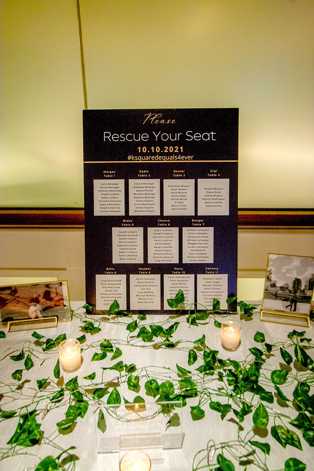 seating chart with tables named after kristina and kyle's foster dogs