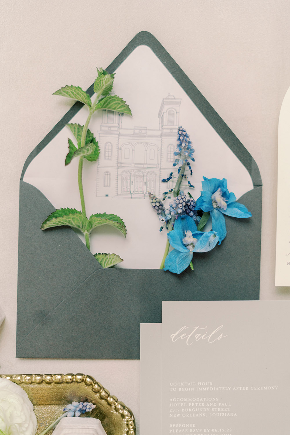 Wedding Invitation Envelope liner with illustration of Marigny Opera house