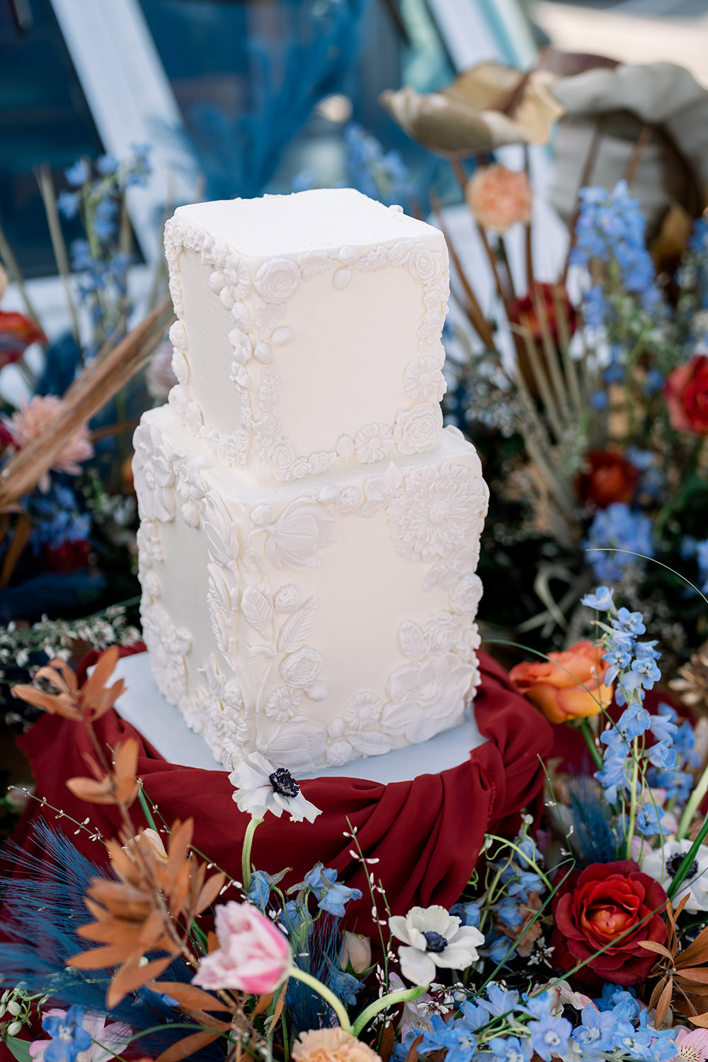 square ivory wedding cake by Gambino's Bakery