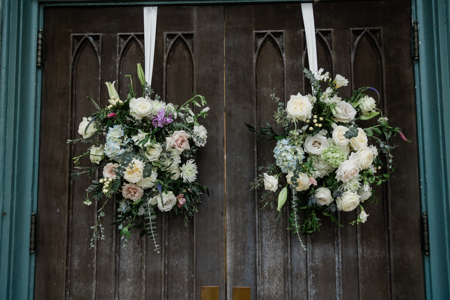Floral wreaths on the church door