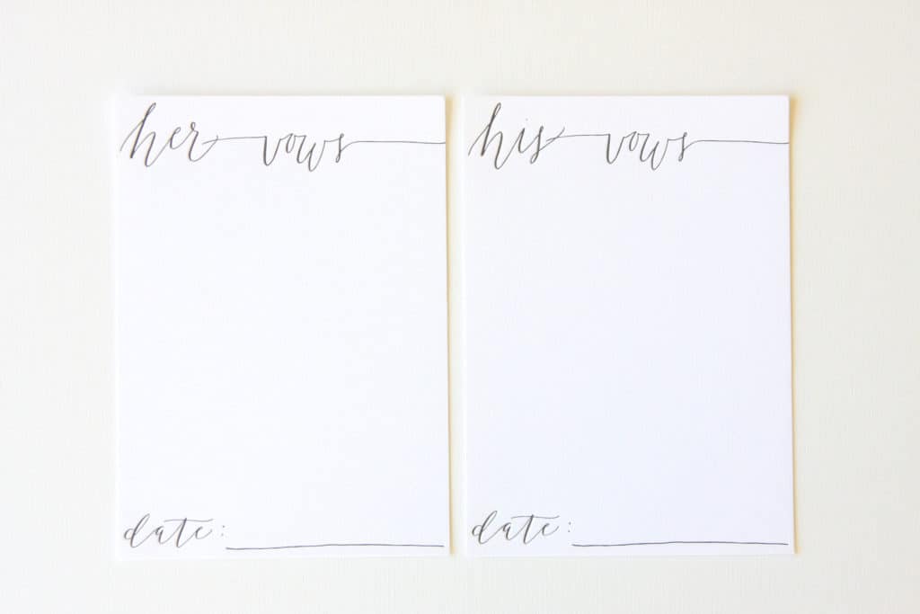 Two blank vow cards side by side on white, labeled “her vow” and “his vow,” each with space for a date at the bottom.