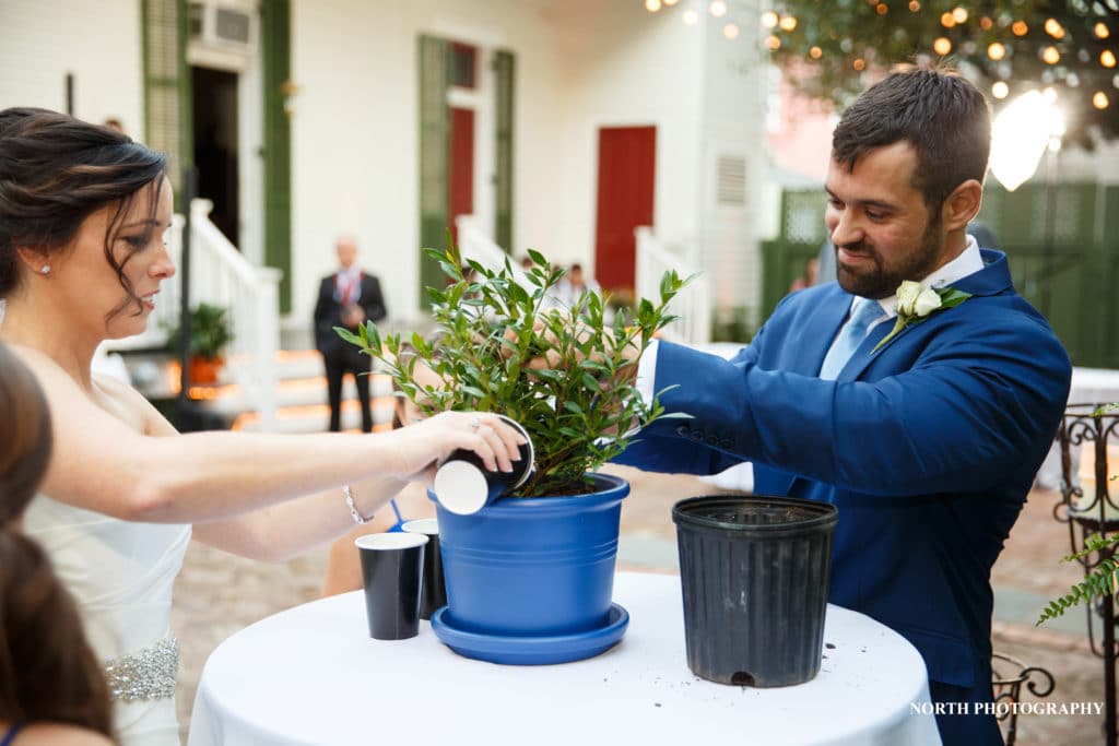 Bride and groom in formal attire plant a small tree in a blue pot at an outdoor wedding ceremony.