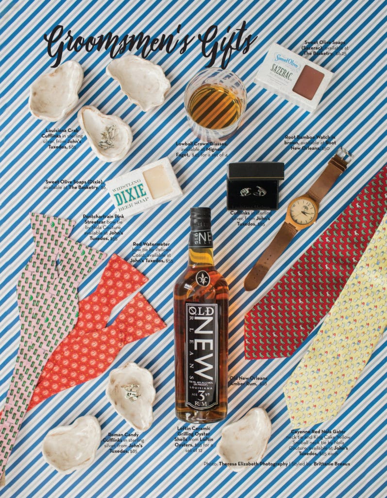 Gift set with Old New whiskey, neckties, watch, cufflinks, soap, glass of whiskey & oyster shells on striped wrap; Groomsmen Gifts above.