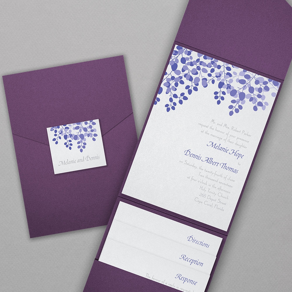 Purple portfolio style wedding invitation by Abbey Printing.