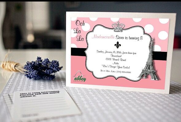 Pink and black Paris-themed invitation by Abbey Printing.
