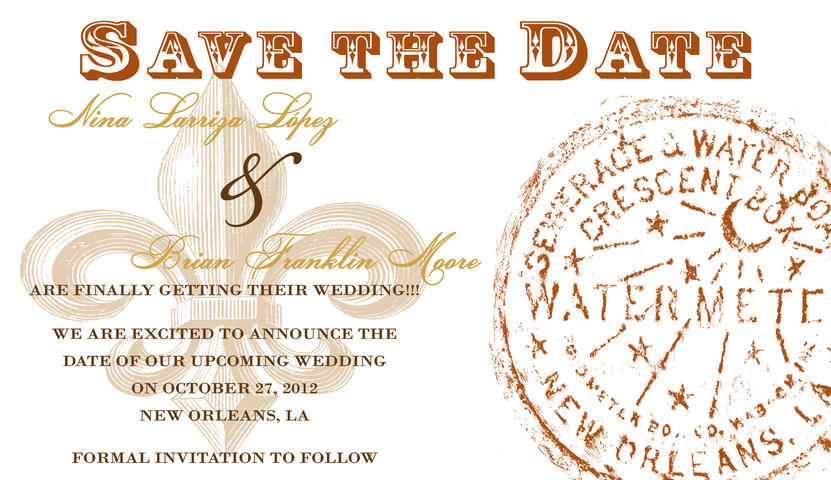 New Orleans-themed Save the Date with Fleur De Lis and Watermeter by Abbey Printing.