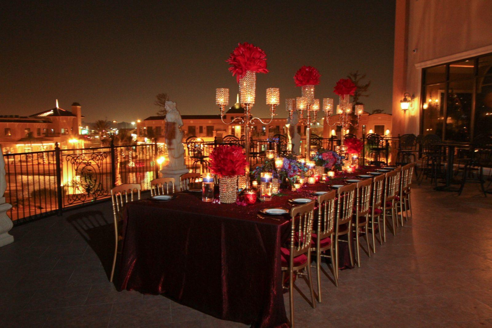 Red Wedding Reception table on Royal Palm Terrace.