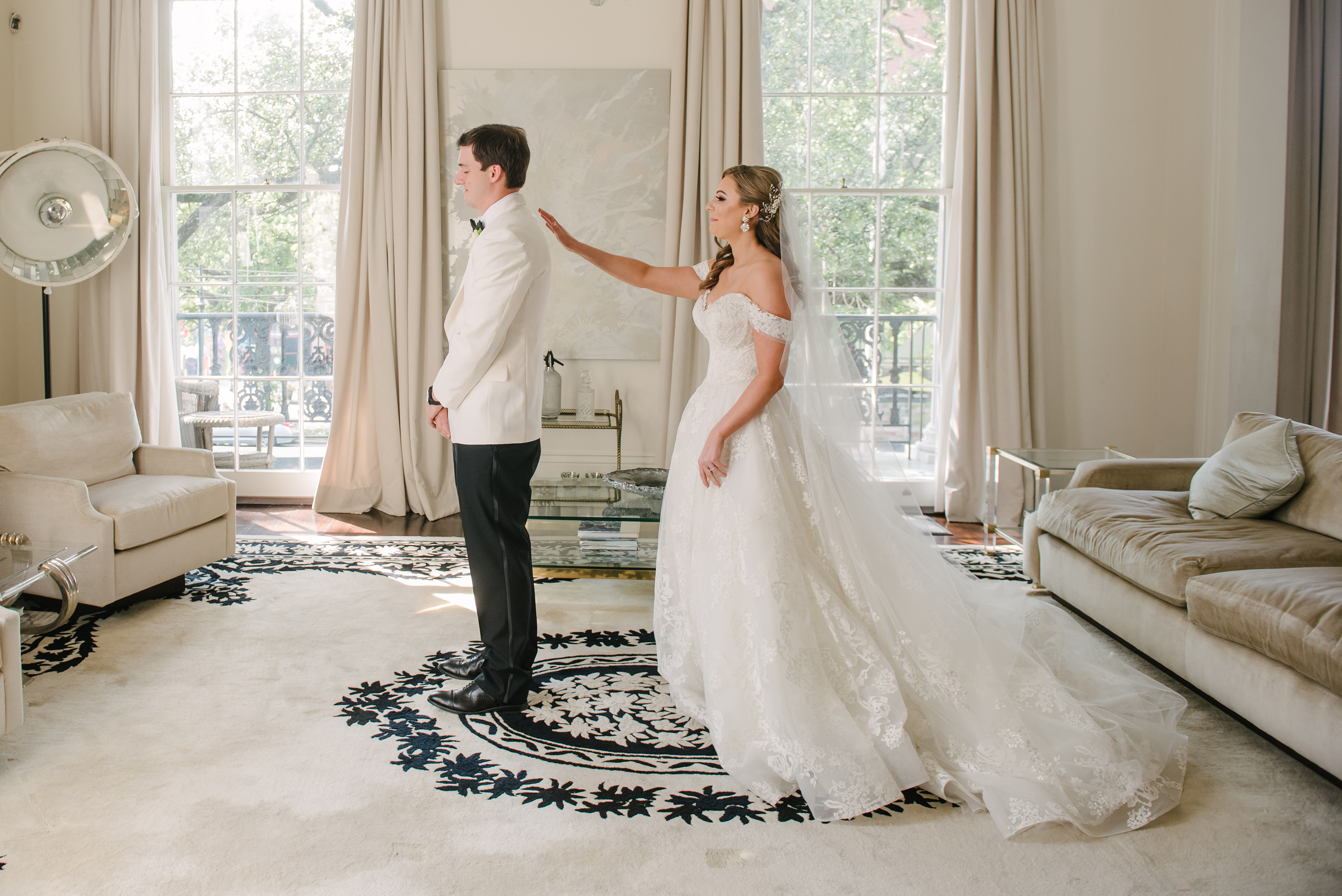 Wedding “first look” at Jon Vaccari House in New Orleans.