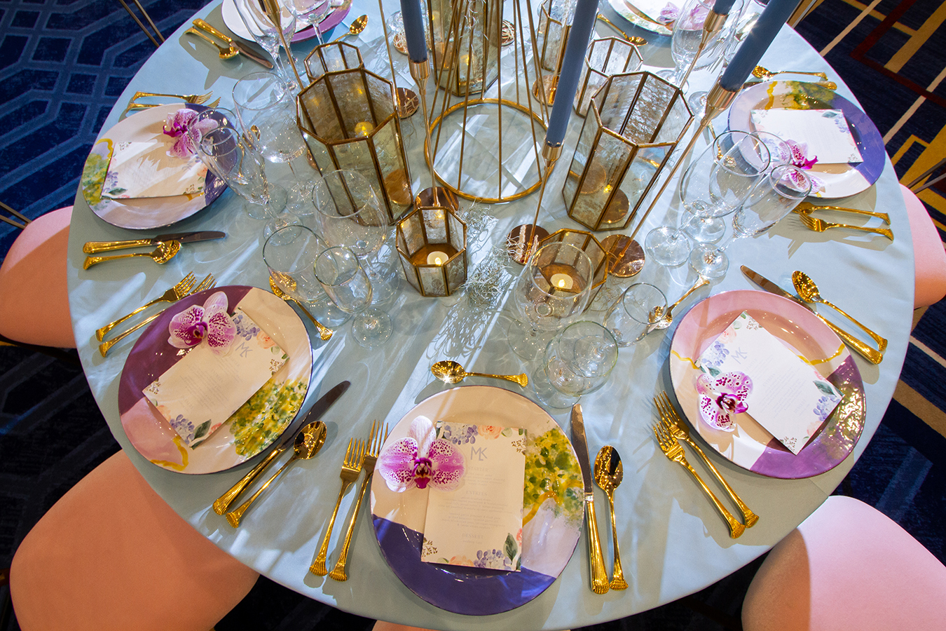 Hand-painted plates from Chez Clay | Watercolor menus by Invitobella | Rentals by True Value Rental | Florals by Mitch's Flowers