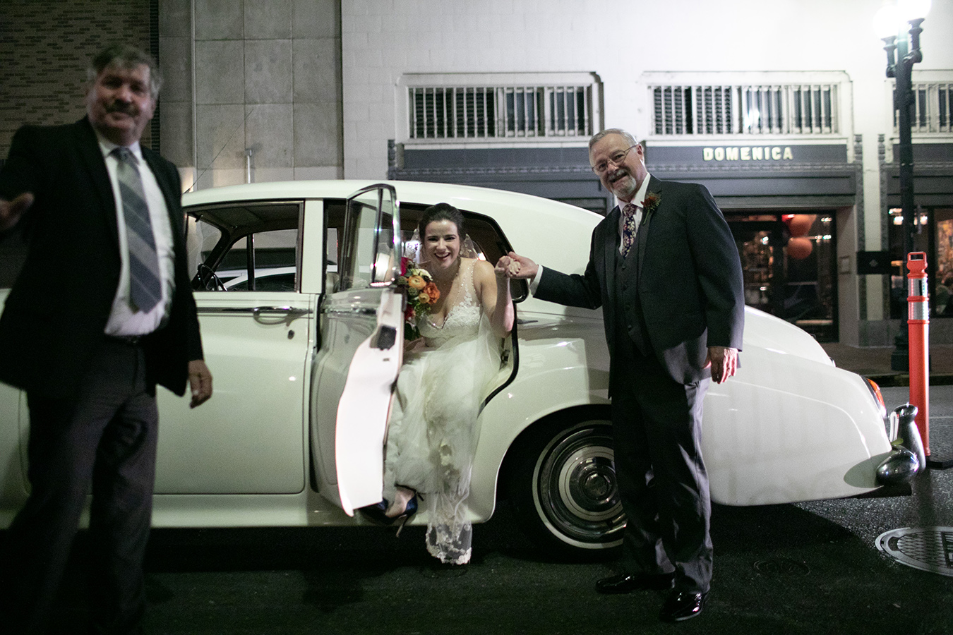 Margaret arrives at the church in a Vintage Rolls Royce from Big Easy Limos.