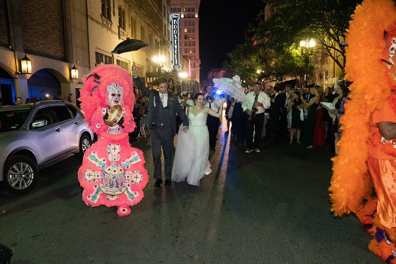 The Storyville Stompers and Mardi Gras Indians led Margaret and Travis' Second Line to the New Orleans Board of Trade.