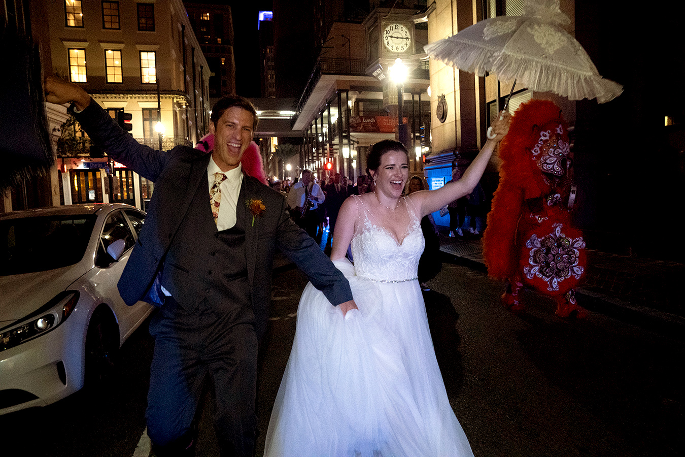 Margaret and Travis Second Line to their wedding reception at the New Orleans Board of Trade.