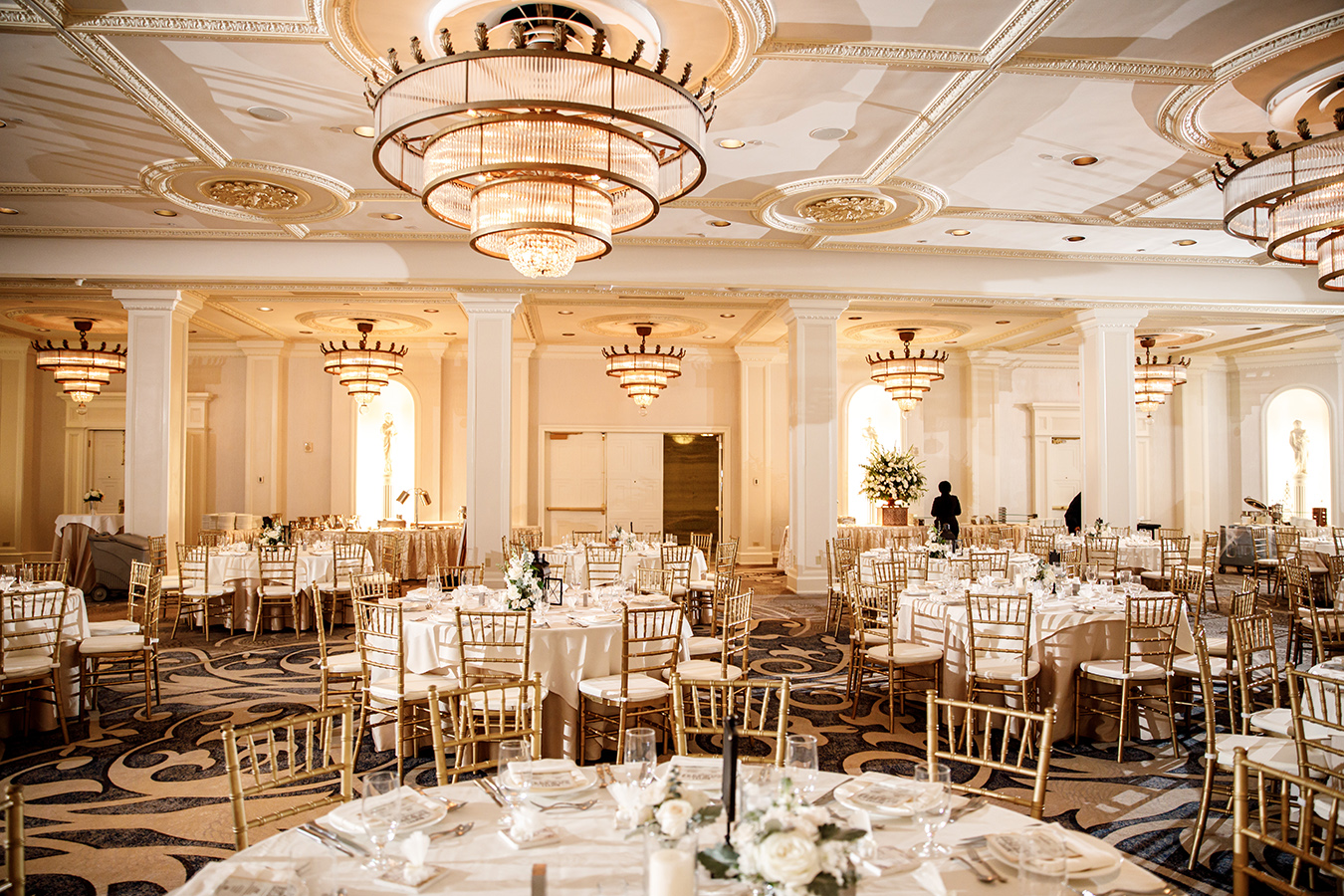 The couple chose the Waldorf Astoria Ballroom at the Roosevelt Hotel for their wedding reception.