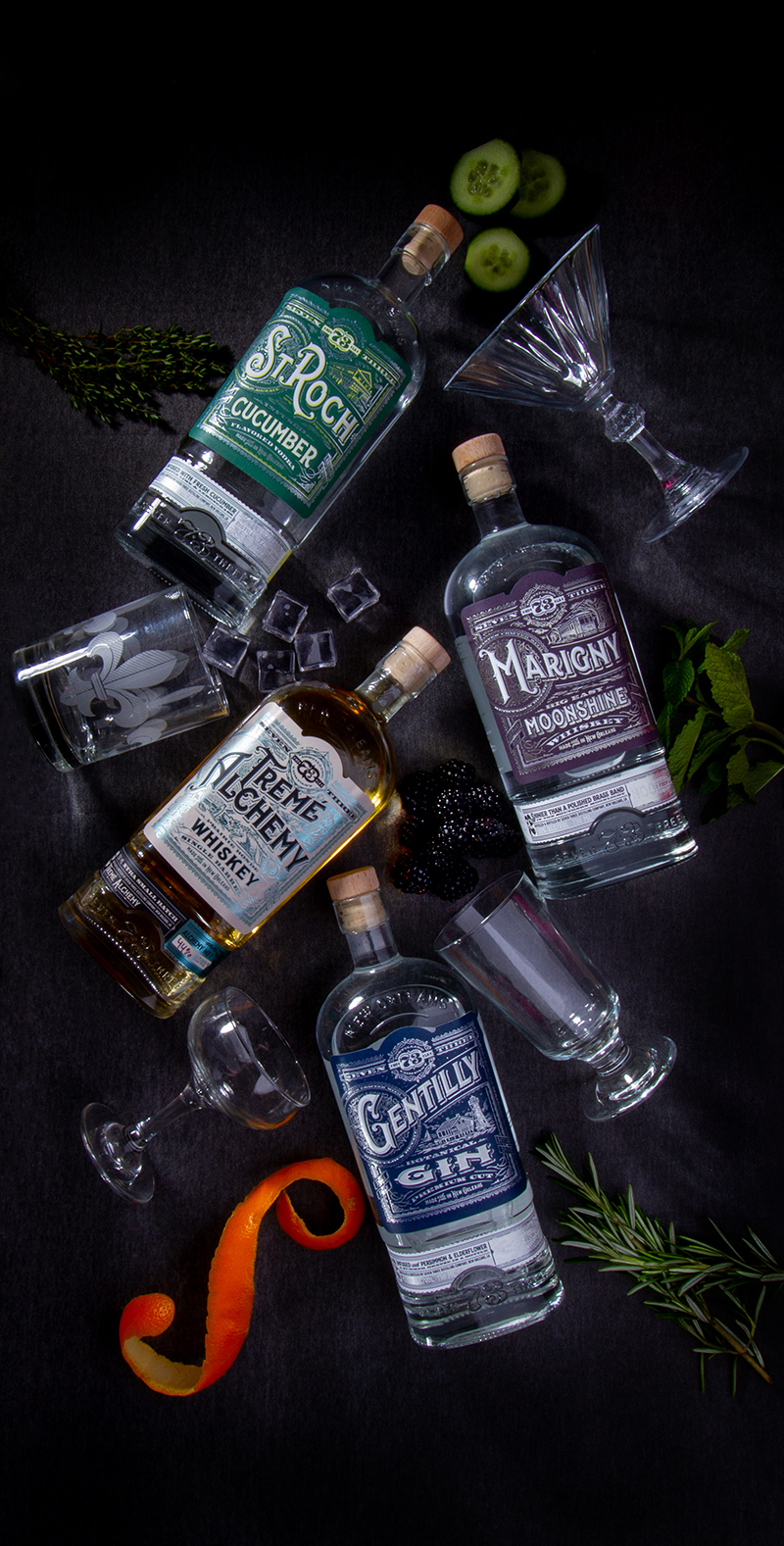 Bottles of Seven-Three Distilling Company's New Orleans-inspired spirits.