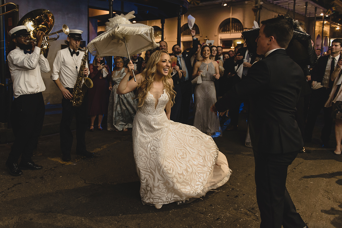 A wedding second line parade in the New Orleans French Quarter. Photo by The Swansons