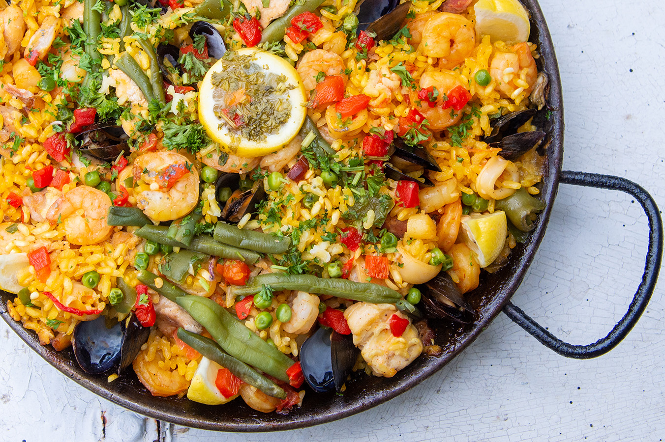 Meat and Seafood Paella, the couple's favorite, from Lola's in New Orleans