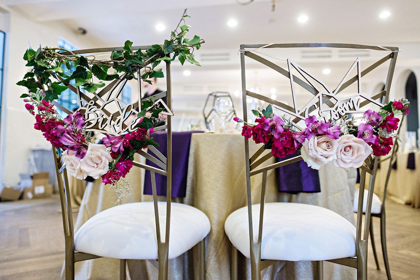 True Value Rental's Chameleon Chairs with floral decoration. Photo by: Studio Tran Photography