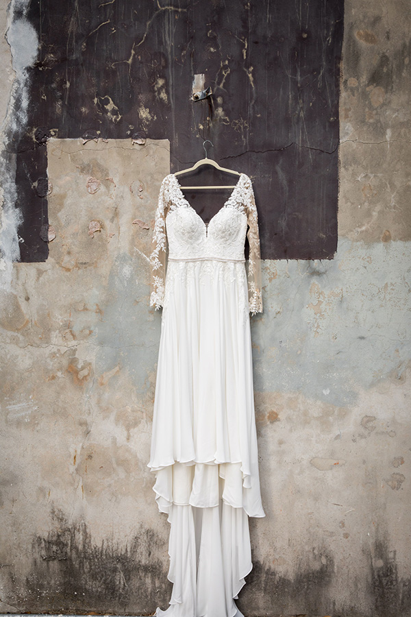Jen's lace and crepe Stella York wedding gown.