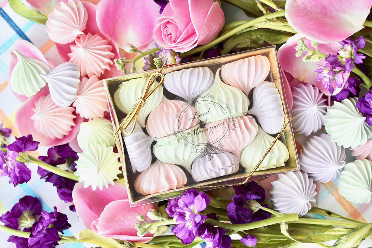 Box of pastel meringue kisses by Lord of Meringues