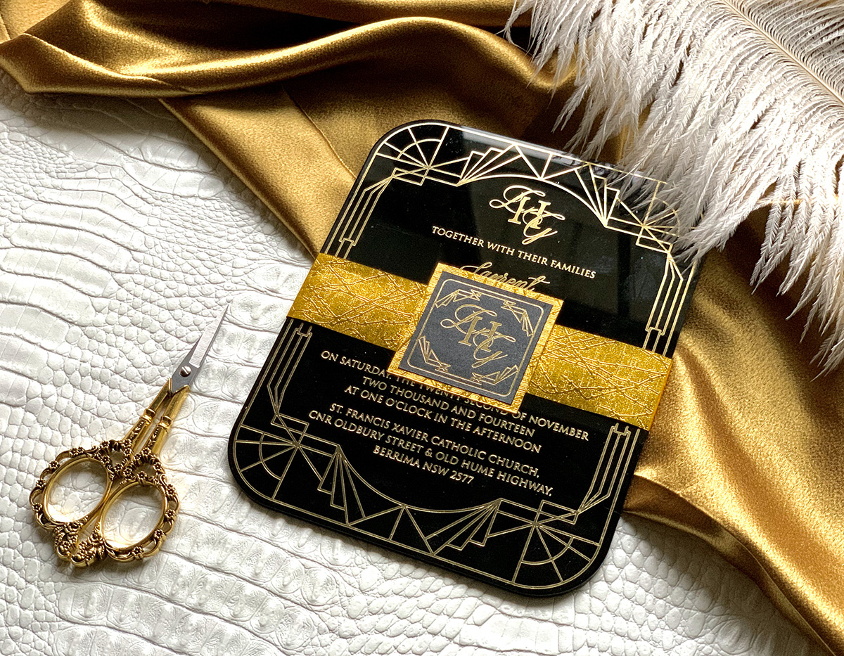 Upscales Custom Collection Black Acrylic Invitation Gold Foil Great Gatsby