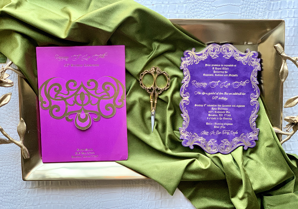 Upscales Custom Collection Purple Suede Invition Magenta Envelope