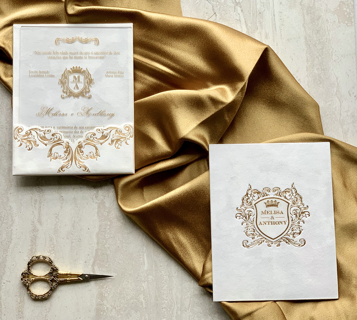 Upscales Custom Collection White Suede Mono Pocket Acrylic Invitation Gold Foil