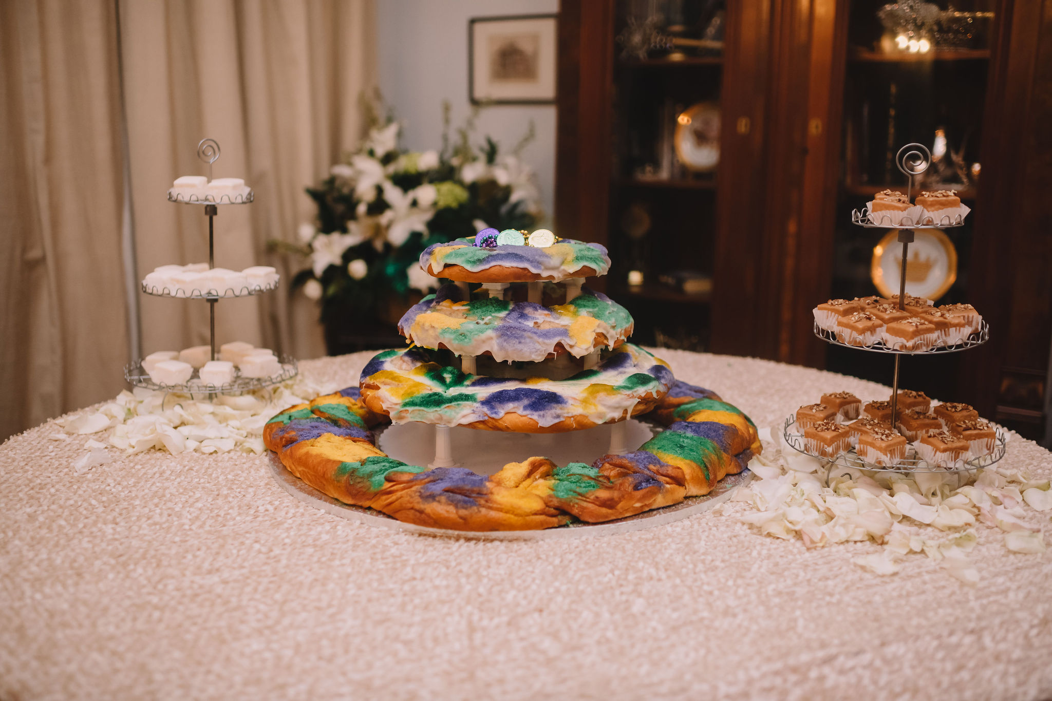 Instead of a traditional wedding cake, Rachel and Jimmy treated their guests to a four tier king cake and petit fours from Haydel's Bakery.