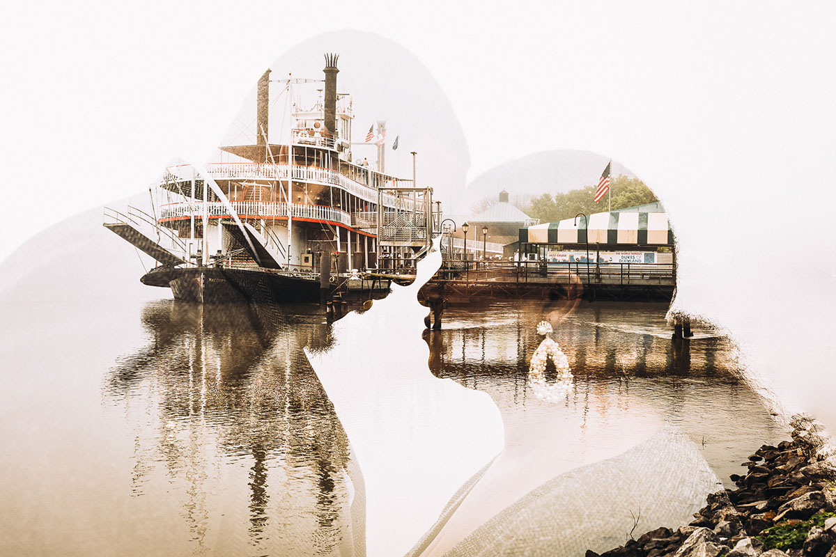 An artistic double exposure image from and engagement photo shoot with the Mississippi River and Steamboat Natchez. Photo: Capture Studio Photography