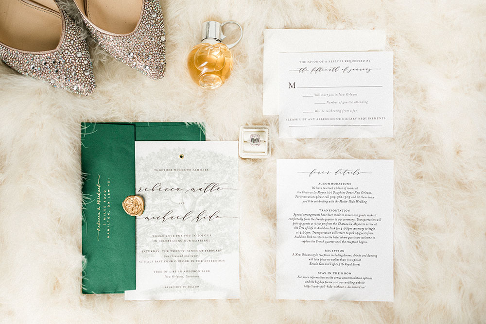 wedding day details: invitation, shooes, perfume, vows