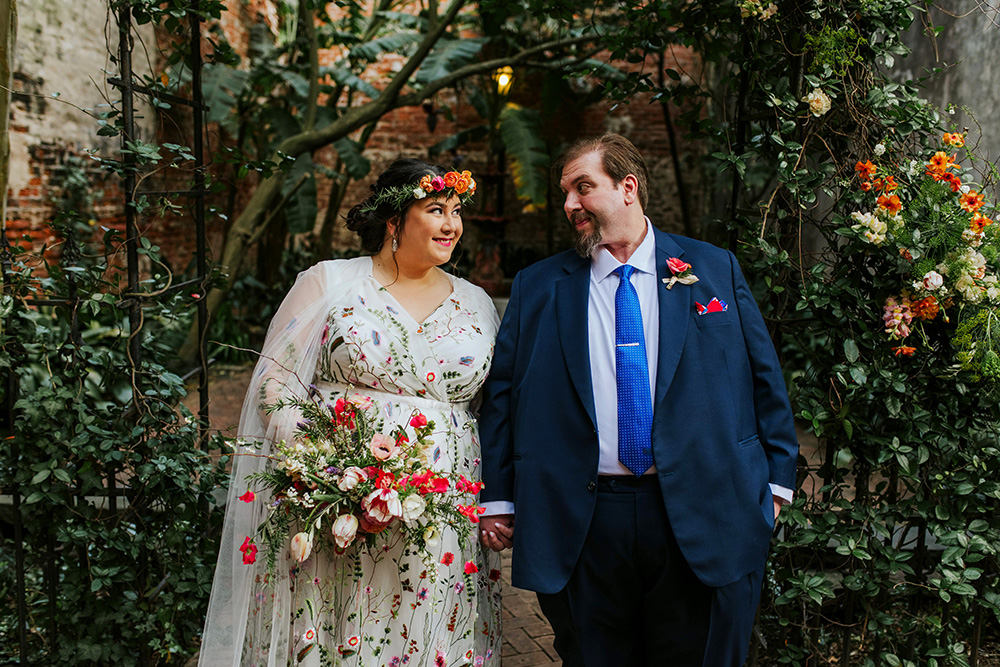 Del and Peter pose for portraits on their wedding day at the Pharmacy Museum in New Orleans. Photo: Ashley Biltz