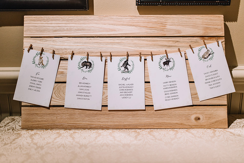Del and Peter's wildlife-themed seating chart, notably including Bigfoot. Photo: Ashley Biltz