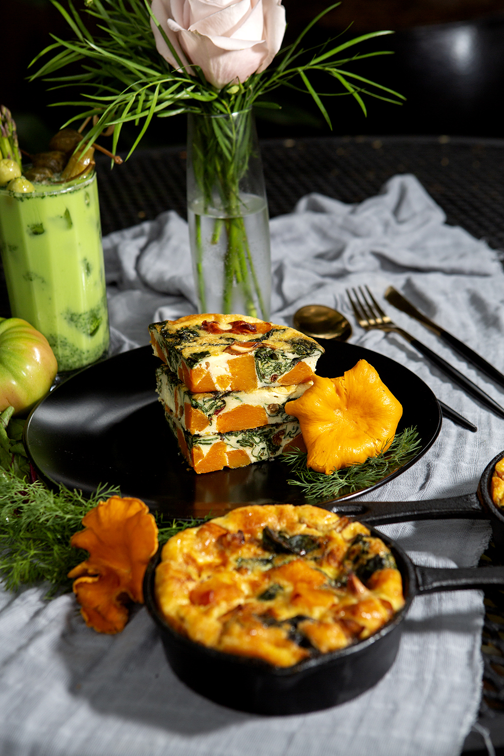 Served in miniature cast iron pans, enjoy a frittata made with sweet potato, spinach and roasted tomatoes. Enjoy with a Green Tomato Bloody Mary.
