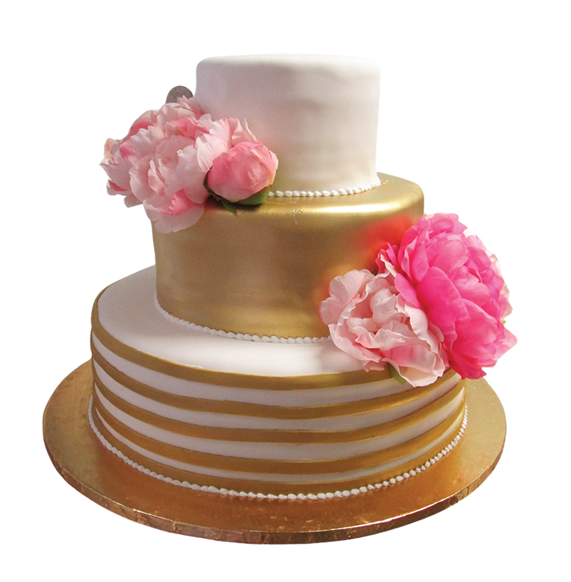 Elegant three-tiered cake with white and gold fondant, pink peonies, pearl icing, and striped gold-white base.