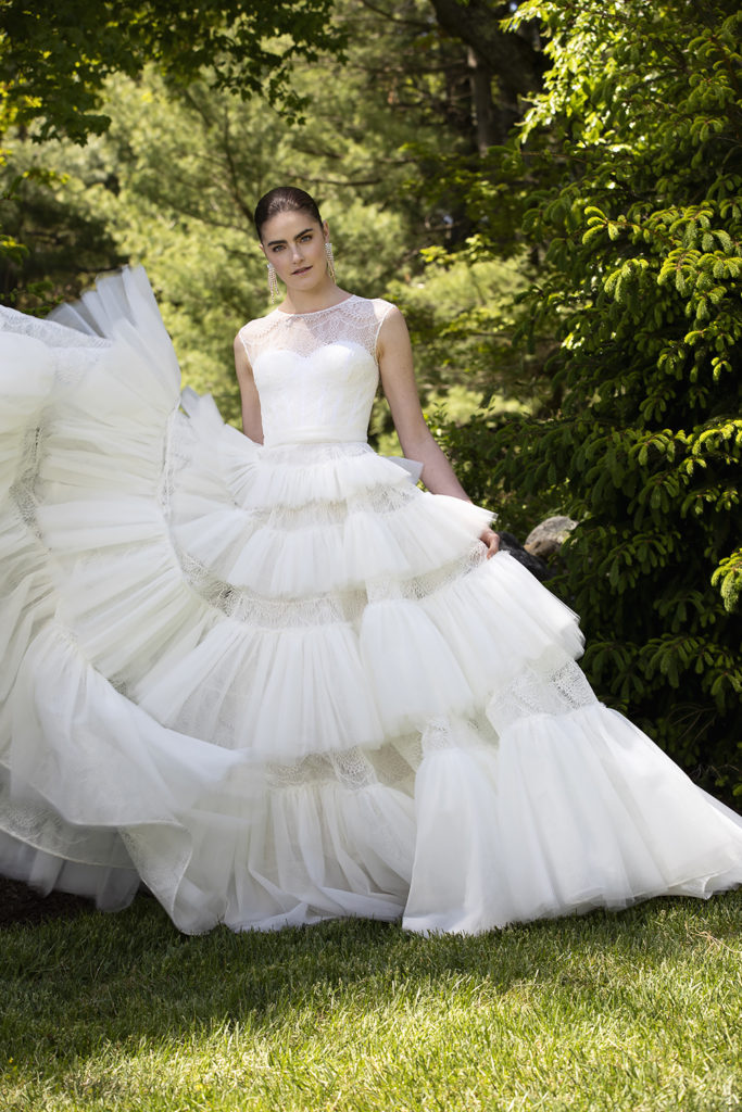LACE AND TULLE CASCADING TIERED GOWN BY CHRISTIAN SIRIANO