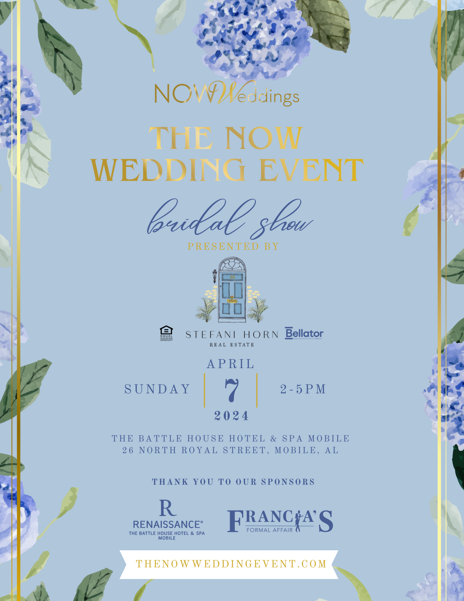 The NOW Wedding Event Bridal Show April 7, 2024, Mobile, AL presented by Stefani Horn Real Estate | Sponsored by The Battle House Hotel and Francia's Formal Affair
