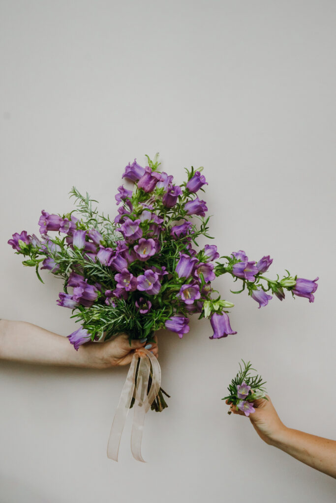Two hands hold bouquets of purple bell-shaped flowers tied with sheer ribbon against a minimalist white backdrop.
