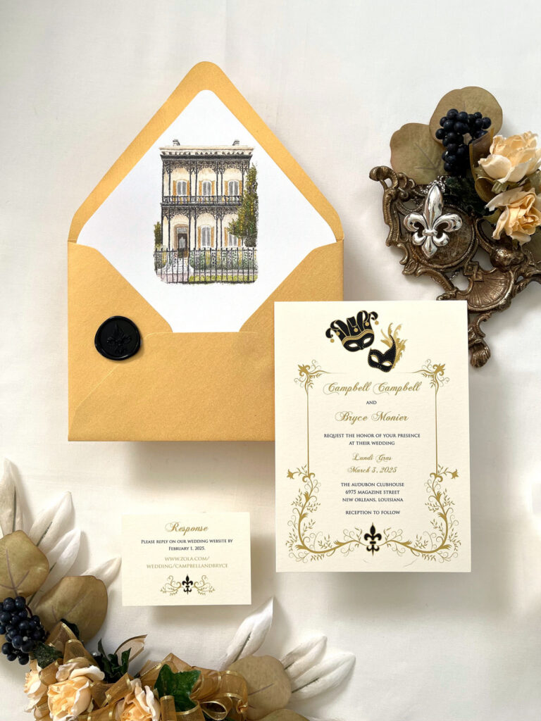 Mardi Gras-inspired wedding invitation suite with gold envelope, masquerade mask motifs, fleur-de-lis details, and New Orleans venue illustration liner.