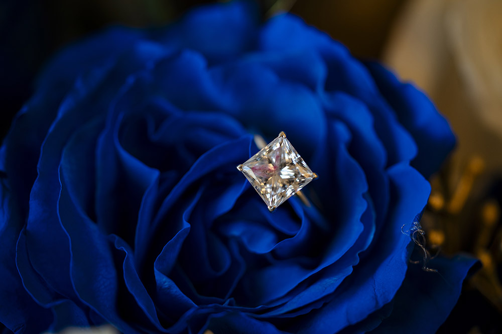 Princess-cut diamond engagement ring displayed atop a vivid royal blue rose in an elegant macro wedding detail portrait.
