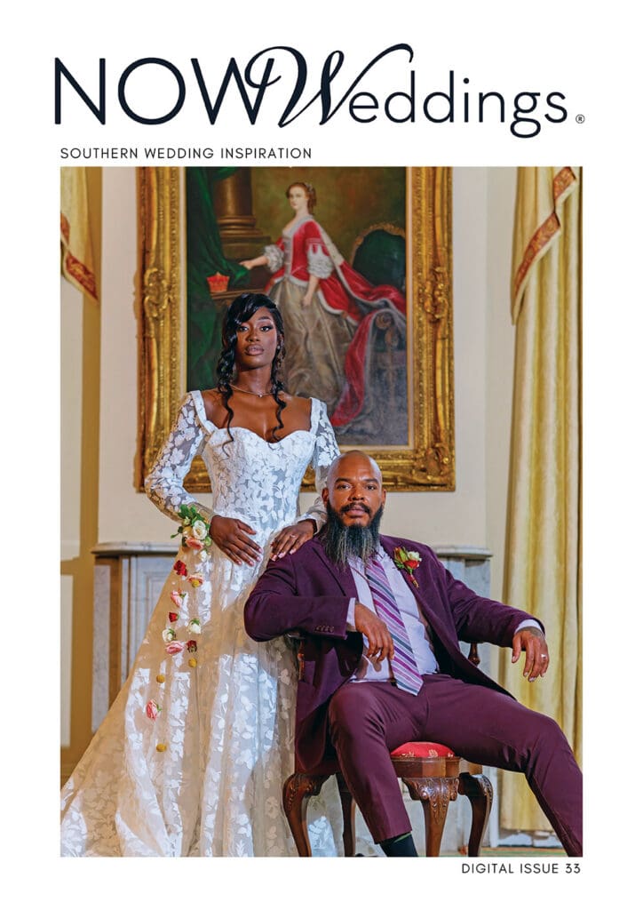 Cover of NOW Weddings digital issue 33 featuring a bride in a white lace gown standing behind a groom in a plum suit.