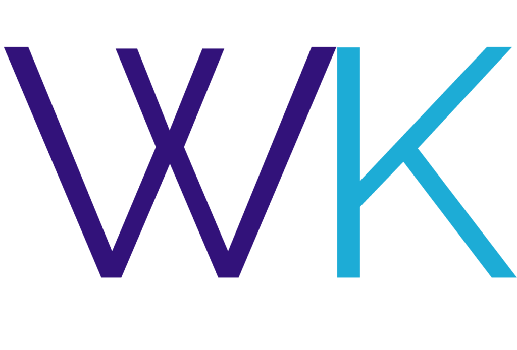 Bold dark purple W and light blue K side by side on a white background.