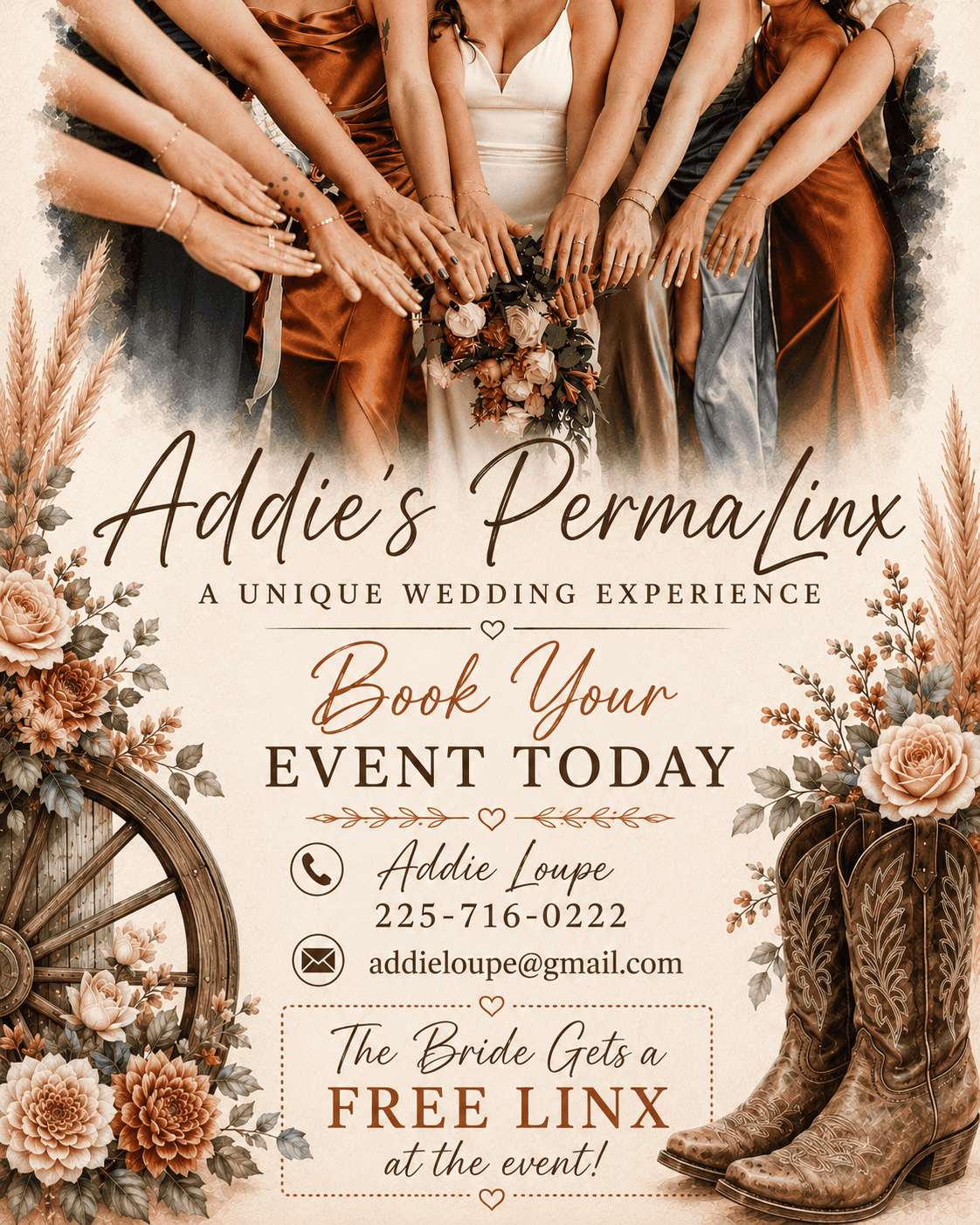 Bride holding bouquet with bridesmaids, rustic Gulf South wedding vibe. Addies PermaLinx info, boots, flowers, wagon wheel graphics.