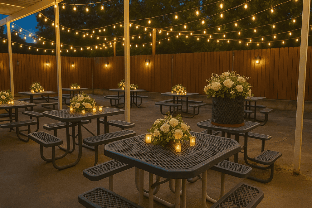 Cozy patio at dusk with picnic tables, flowers, candles, and string lights—ideal for intimate Gulf South wedding inspiration.