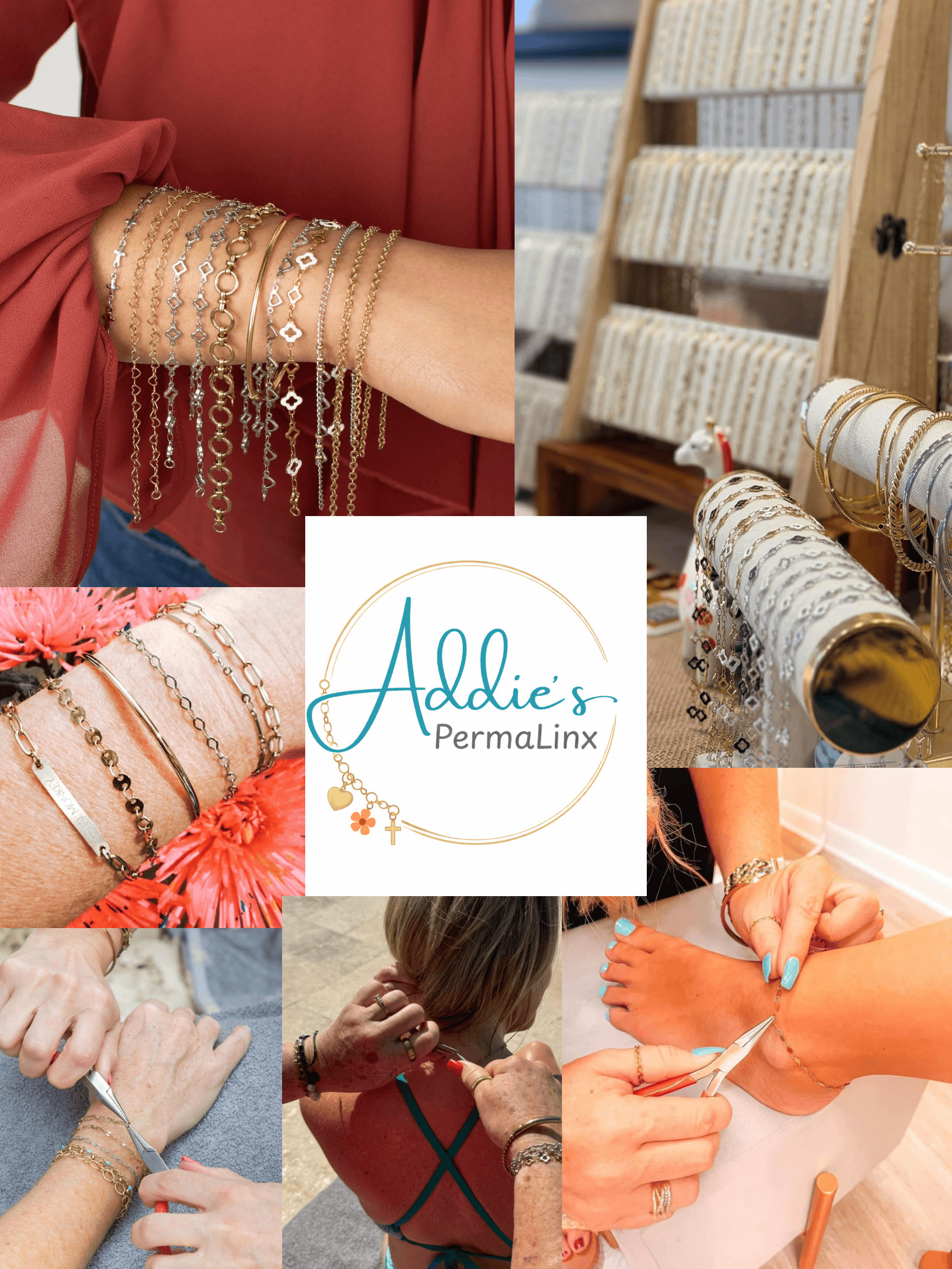 Women trying on gold and silver stackable permanent bracelets at Addies PermaLinx—ideal for elegant New Orleans weddings.