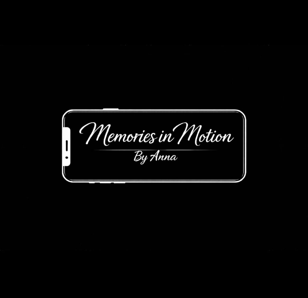 Minimalist smartphone outline on black, featuring “Memories in Motion By Anna” in elegant script inside the phone.