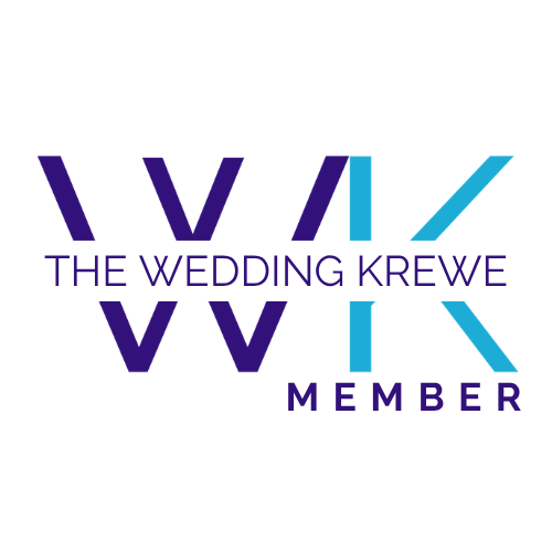 Wedding Krewe logo: large purple WK, blue K, and “THE WEDDING KREWE MEMBER” text on white background.