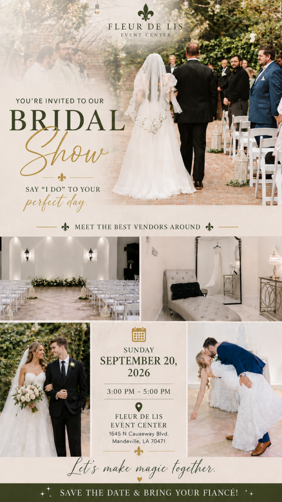 Bridal show invite with couples, vendors, and venue photos. Join us Sept. 20, 2026 at Fleur de Lis Event Center, Mandeville, LA.